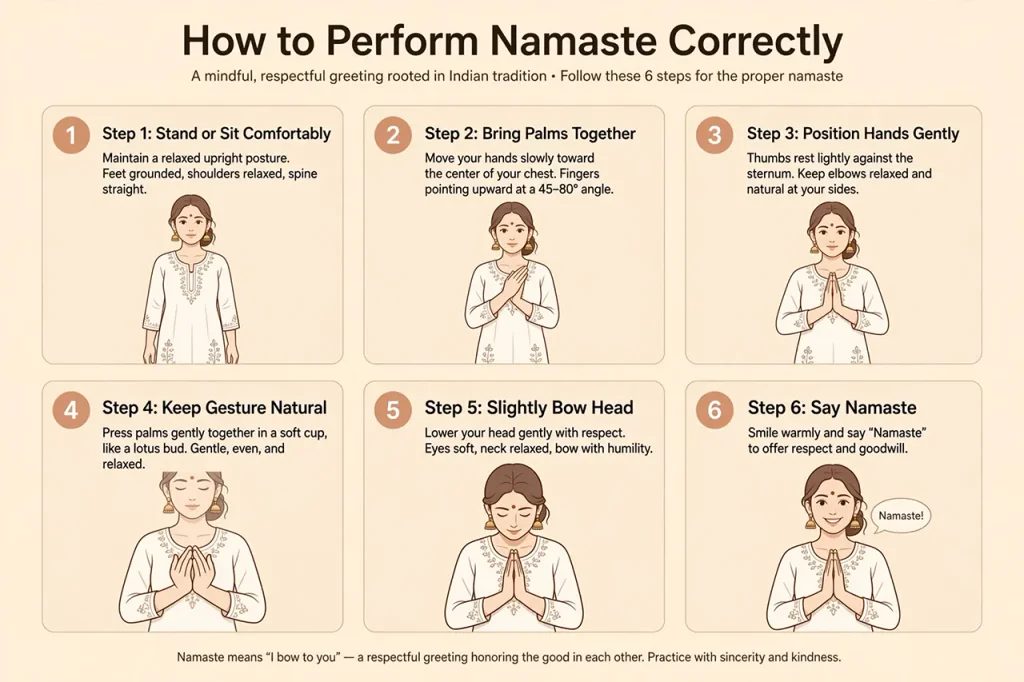 Diagram illustrating the proper hand position for Namaste and Anjali Mudra