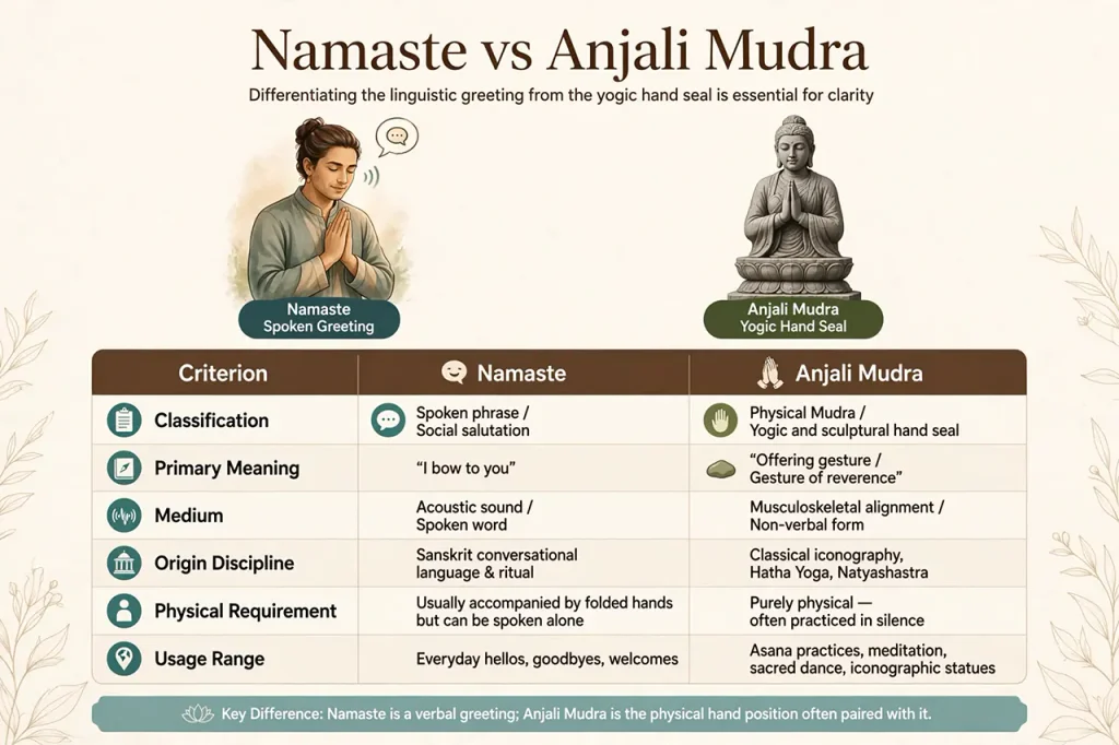 Infographic comparing the spoken word Namaste with the physical Anjali Mudra