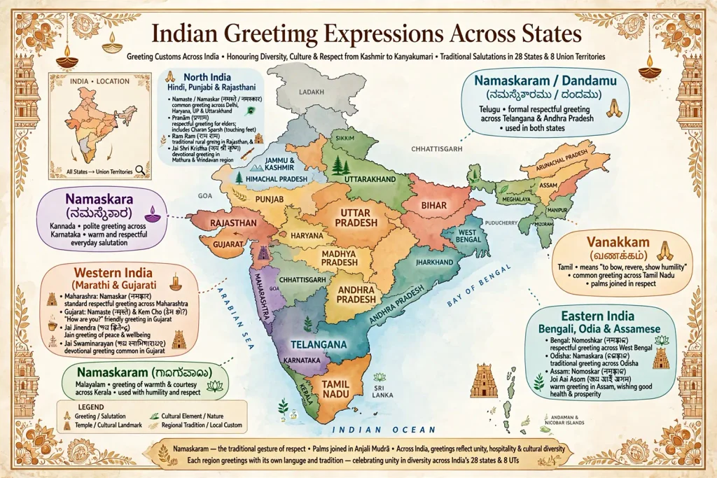 Map of India showing regional greetings like Vanakkam, Namaskaram, and Namaskar