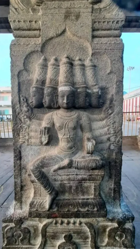 Ornate granite carved Yali pillars inside Maha Mandapam at Thiruporur