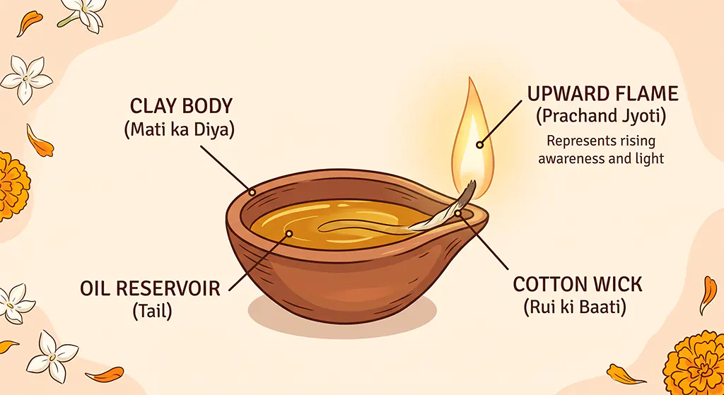 Labeled diagram showing the traditional symbolism of the clay vessel, oil, cotton wick, and flame of a diya.