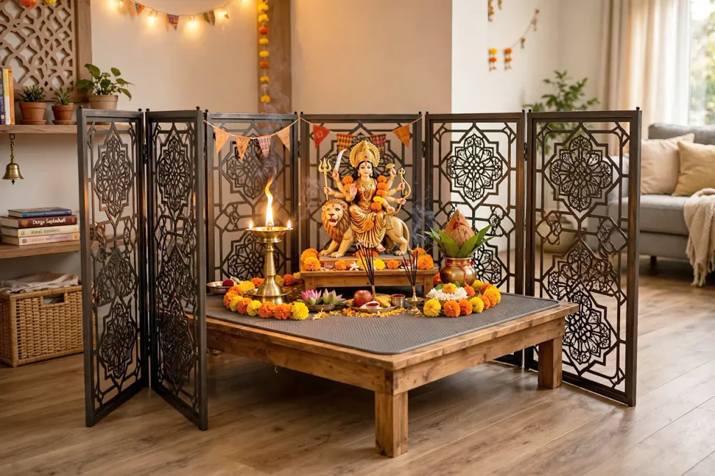 Childproof and pet-safe barrier setup with a protective screen and fireproof mat around a Navaratri home altar.