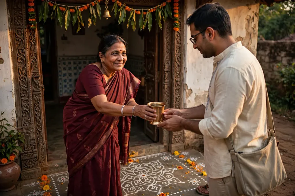 An Indian host greeting a visitor at the doorway with a traditional brass vessel of water.