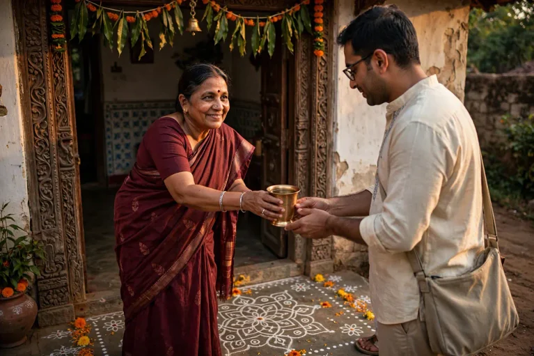 An Indian host greeting a visitor at the doorway with a traditional brass vessel of water.