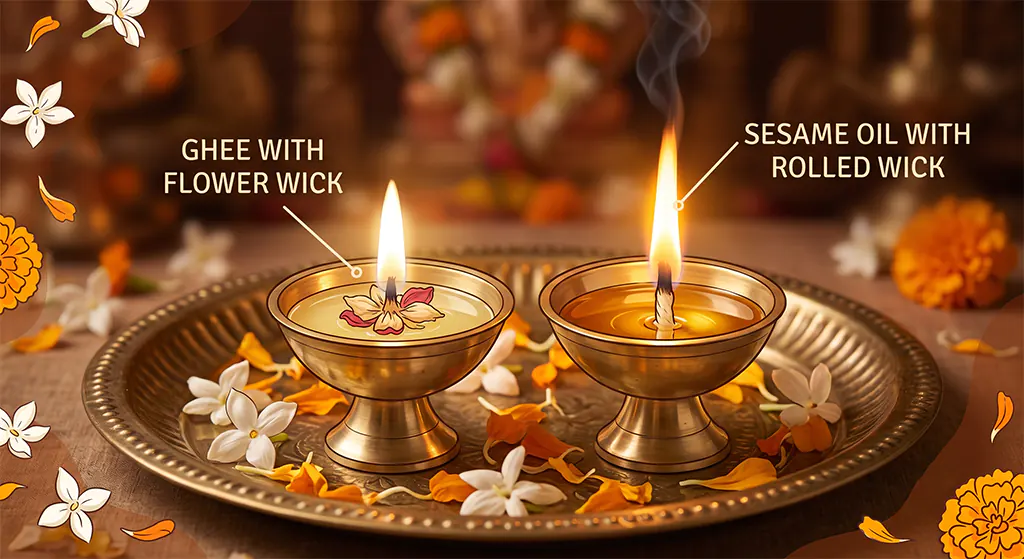 Side-by-side comparison of a soft ghee diya flame and a rich golden sesame oil diya flame.