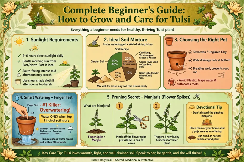 infographic representation of complete guide on how to grow and care for tulsi plant at home.