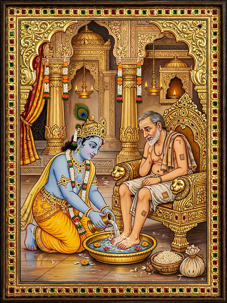 Classical Indian painting depicting Krishna washing the feet of his humble friend Sudama.