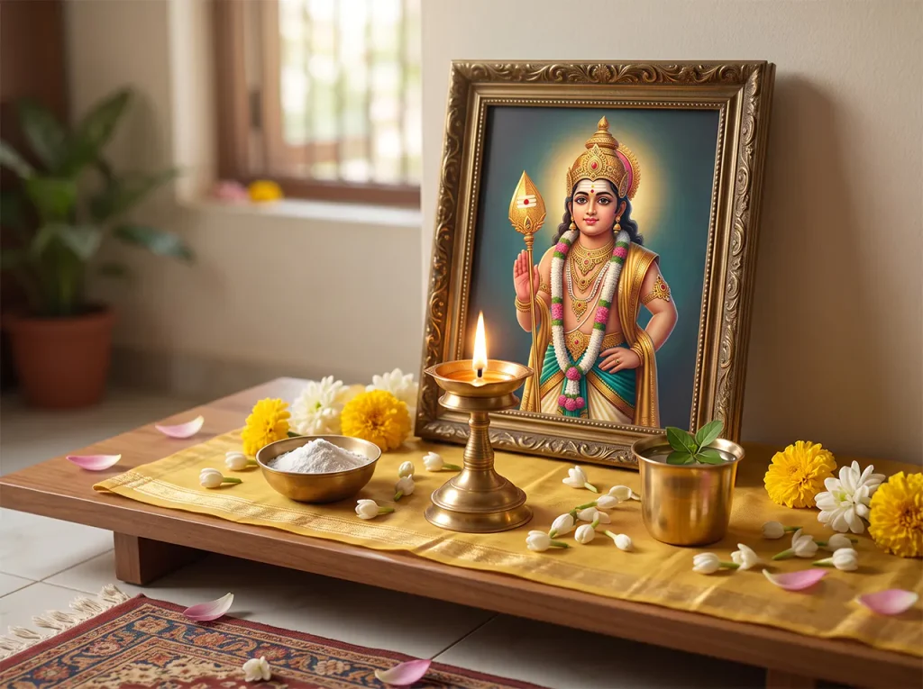 Simple and serene home altar with a picture of Lord Murugan, brass oil diya, vibhuti, and fresh jasmine flowers