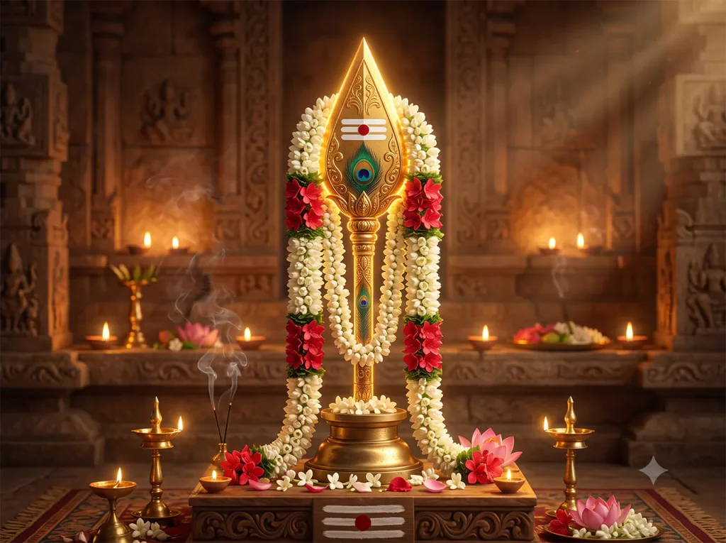 Sacred golden Vel of Lord Murugan surrounded by glowing lotus blossoms and holy vibhuti