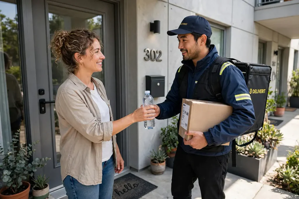 A homeowner handing a glass of cold water to a delivery person at the doorstep.