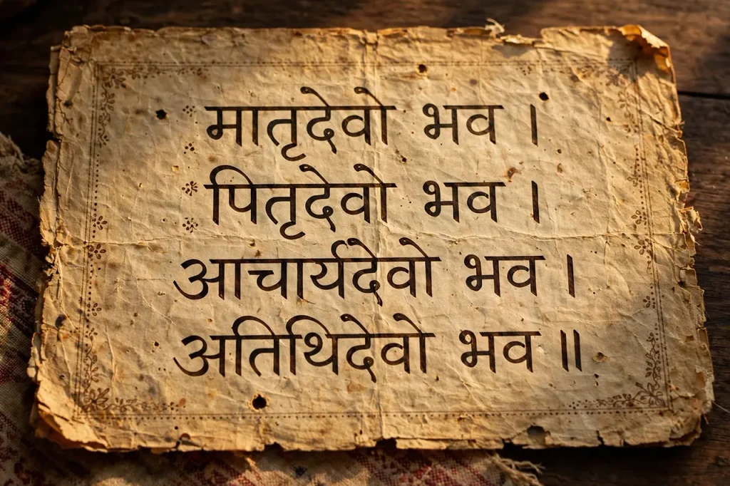 Devanagari Sanskrit inscription of Matri Devo Bhava, Pitri Devo Bhava, Acharya Devo Bhava, Atithi Devo Bhava.