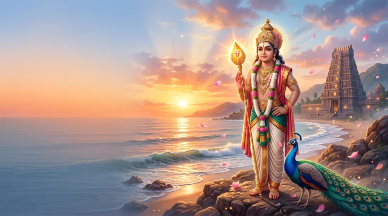 Lord Murugan holding golden Vel for Skanda Sashti fasting and significance guide