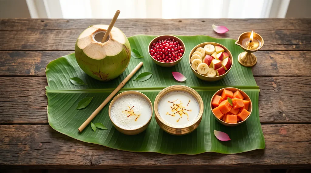 Clean Satvik fasting meal arrangement with tender coconut, fresh cut fruits, and warm herbal tea for Skanda Sashti