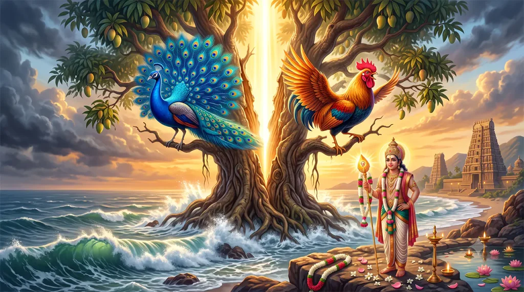 Lord Murugan transforming the dark tree into a shining peacock mount and rooster flag during Soorasamharam