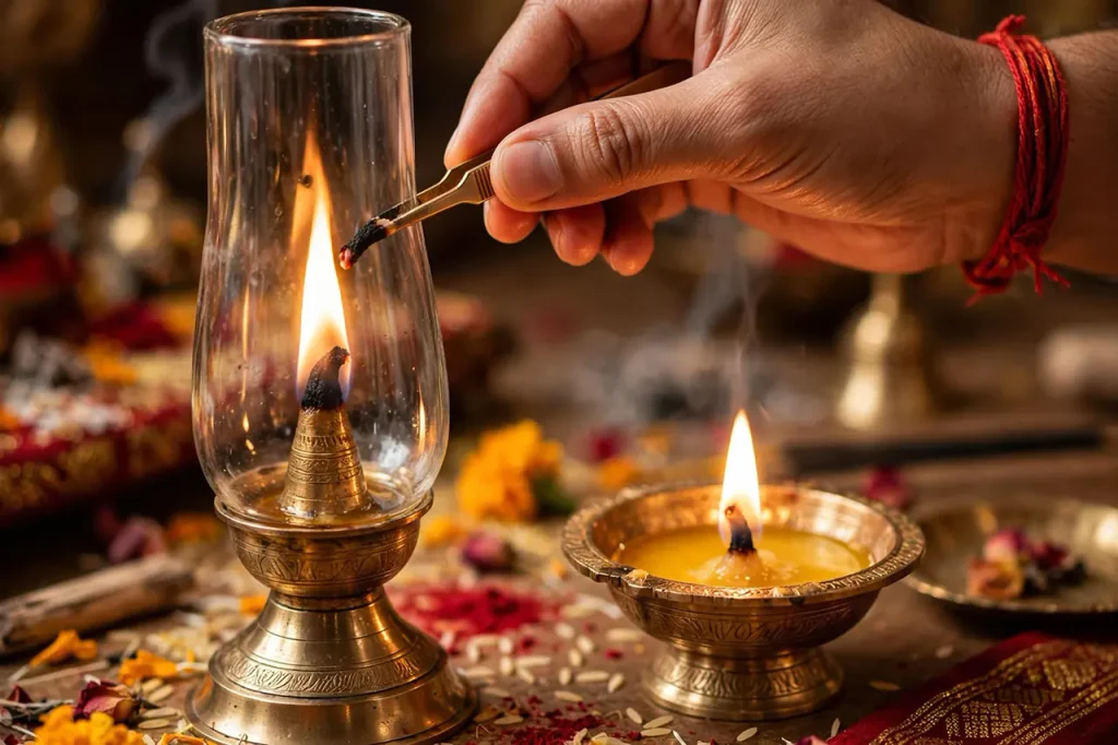 Using a secondary auxiliary ghee diya while adjusting the wick and removing ash from a Navaratri Akhand Jyoti.