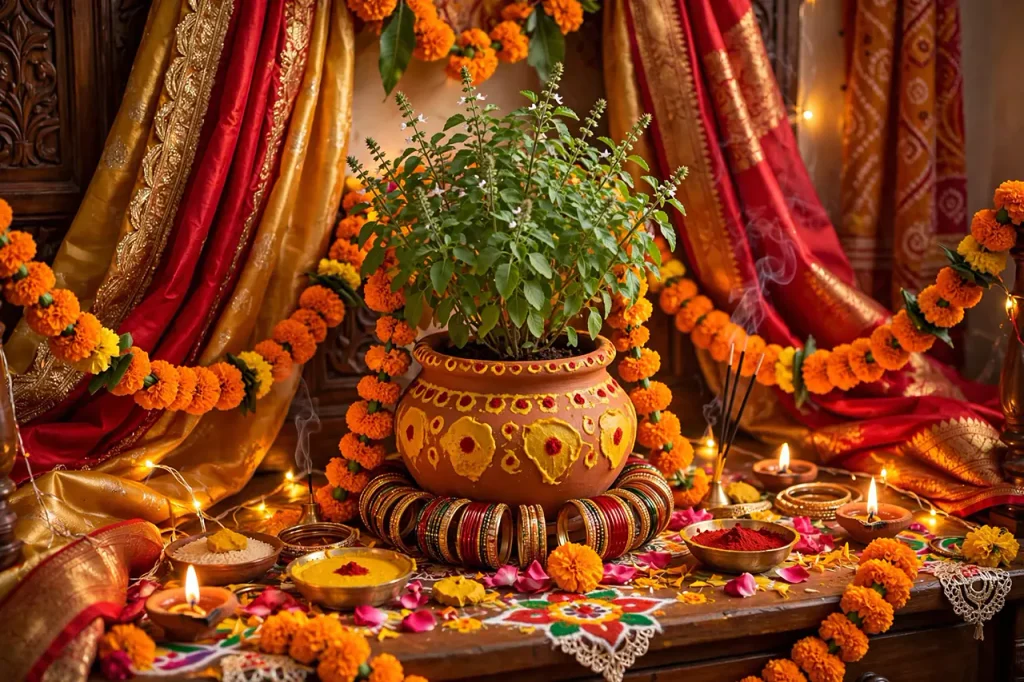 the ceremonial wedding of the sacred Tulsi plant decorated with bangles, turmeric and kumkum