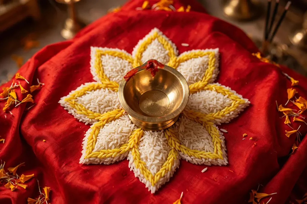 Ashtadal eight-petaled lotus rice base arranged on a red silk chowki for Navaratri Akhand Jyoti Vastu setup.