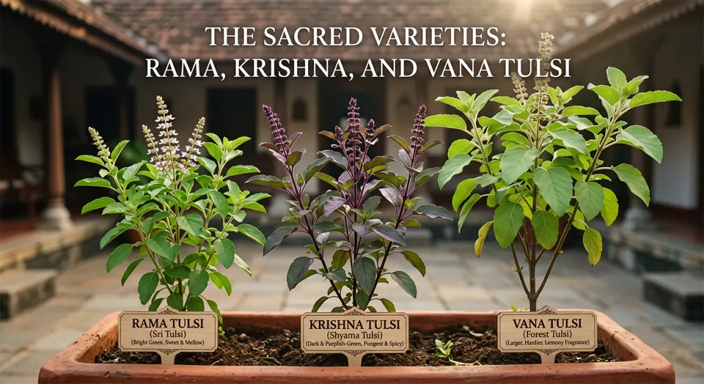 Side-by-side comparison showing light green Rama Tulsi leaves next to deep violet-tinted Krishna Tulsi foliage.