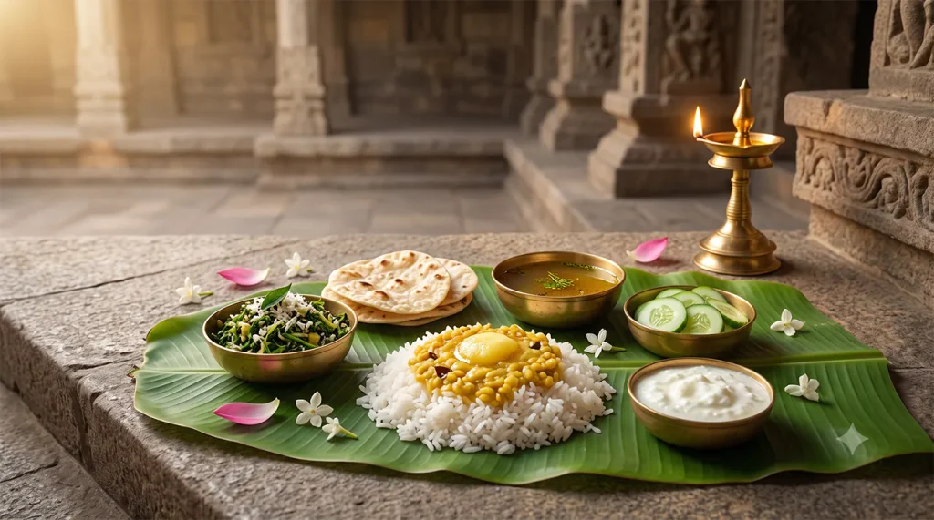 Traditional South Indian Paranai meal served on a fresh banana leaf including steamed rice, yellow dal, agathi keerai, and cucumber curd
