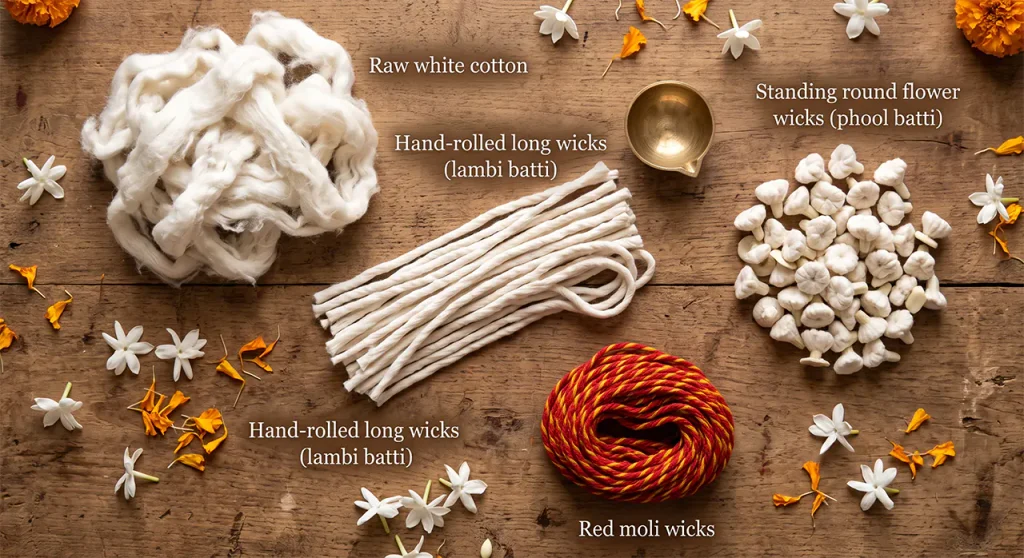 Different styles of traditional Indian cotton wicks including long rolled batti and standing round flower wicks.