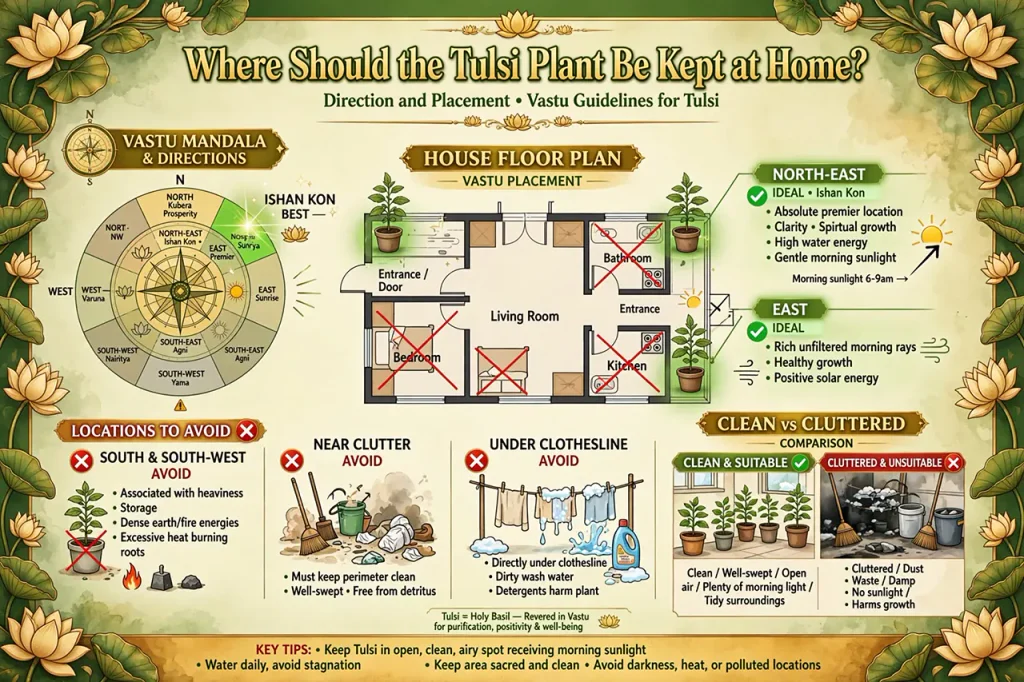 Floor plan infographic highlighting the North-East, East, and North directions for Tulsi plant placement at home.