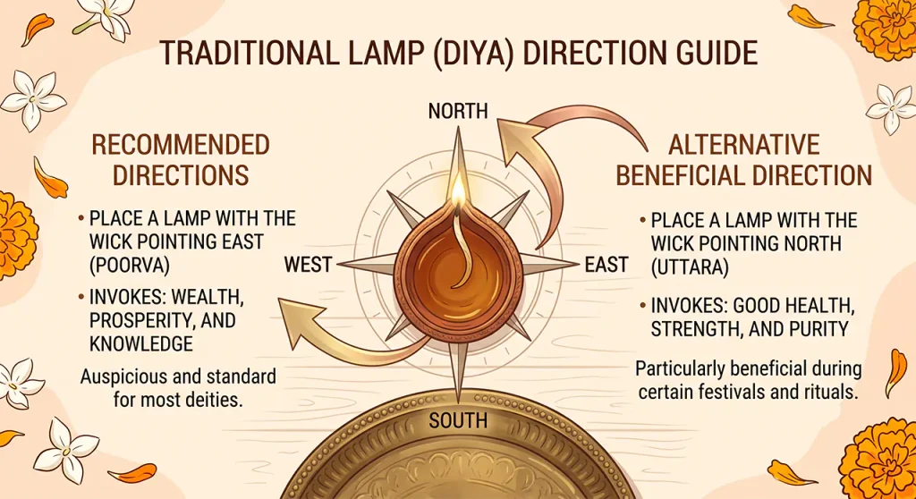 Compass diagram illustrating the traditional East and North directions for lighting a household diya.