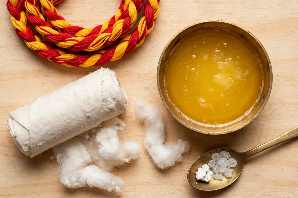 Braided Mauli and raw cotton wicks soaking in pure cow ghee for a long-burning Navaratri Akhand Jyoti.