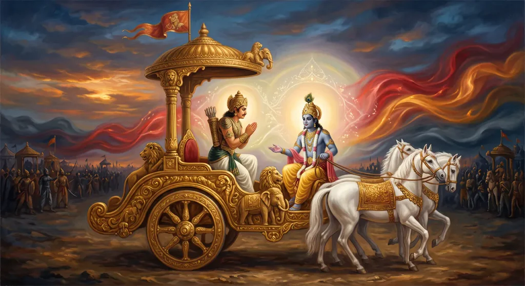 Lord Krishna explaining the three gunas of nature to warrior Arjuna on the battlefield of Kurukshetra from Bhagavad Gita.