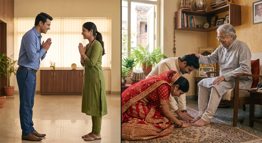 Side-by-side comparison of the folded-hands Namaste greeting versus touching elders feet in Charan Sparsh