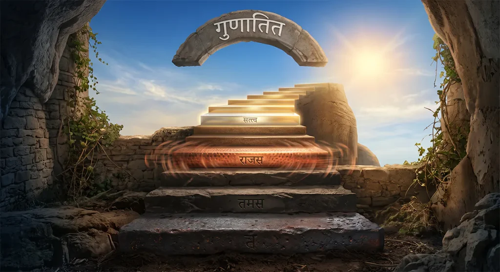 Stepping stones showing spiritual progression from Tamas through Rajas to Sattva and finally reaching the open sky of Gunatita.