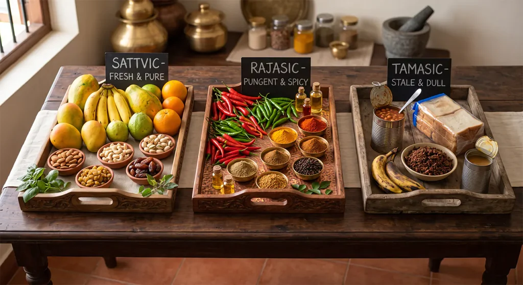 Visual chart comparing Sattvic fresh fruits and grains, Rajasic spicy foods, and Tamasic heavy stale foods.
