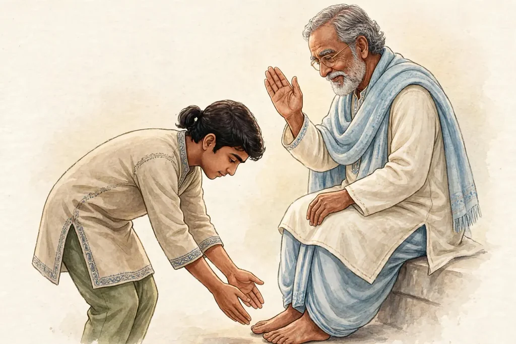 Illustration showing the proper posture for performing Charan Sparsh by bending from the waist