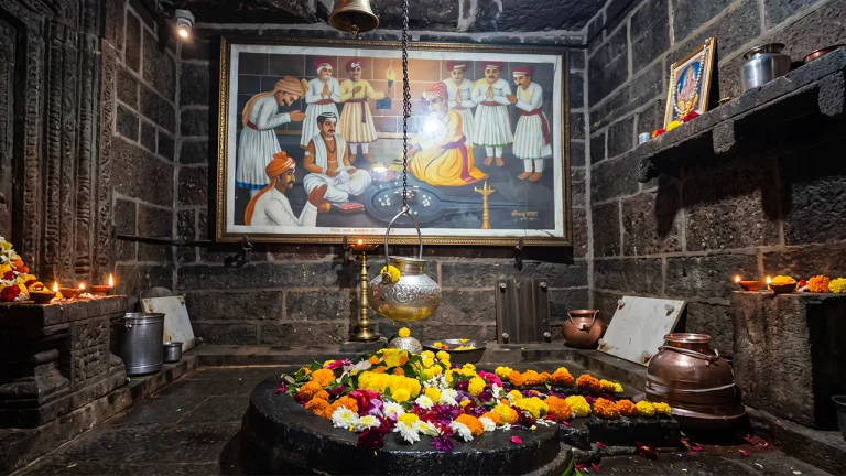 Ancient Swayambhu Shivalinga decorated with bilva leaves inside the underground stone sanctum of Raireshwar Temple