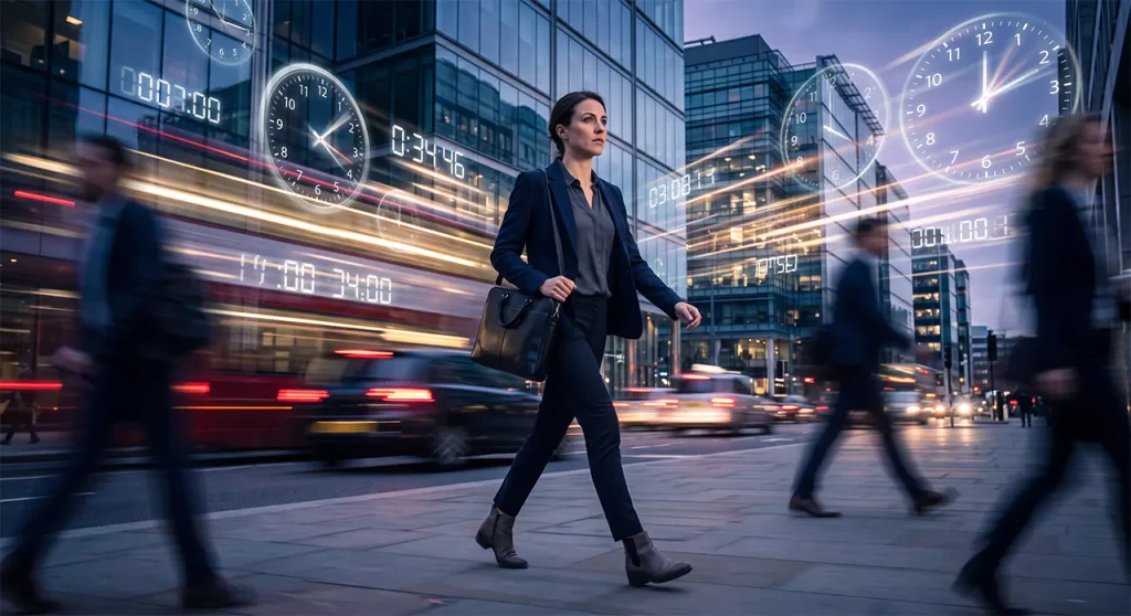 An artistically rendered chariot wheel in rapid motion kicking up dust, or a modern professional surrounded by bustling clock dials and motion blur, conveying intensity and driven ambition.