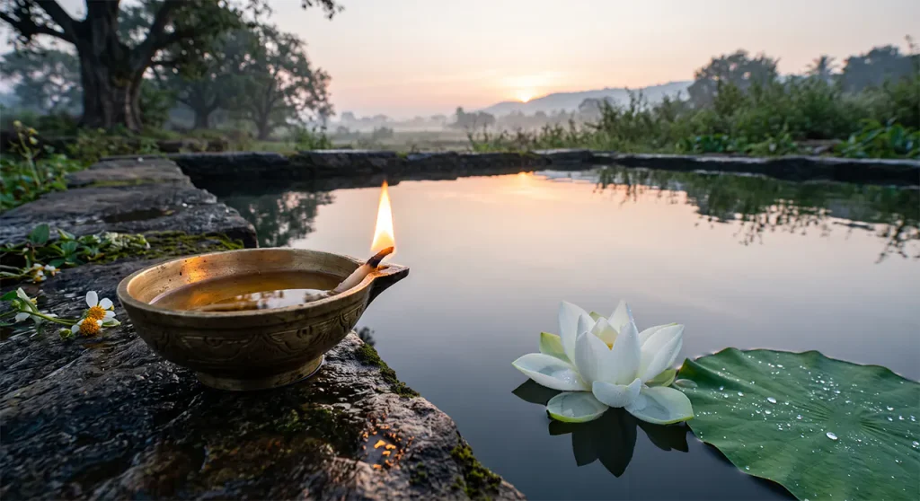 A steady burning diya lamp and white lotus symbolizing Sattva guna, clarity, and inner peace in Hindu philosophy.