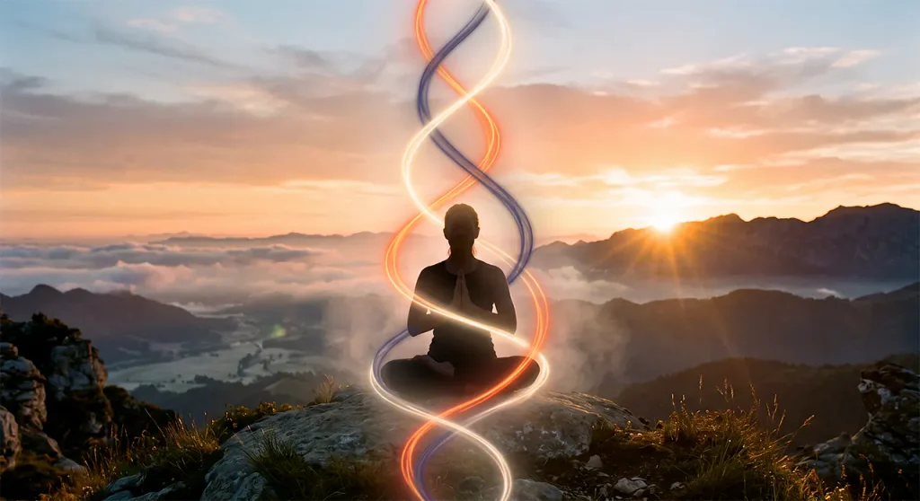 Three gunas of nature Sattva, Rajas, and Tamas illustrated as woven strands of light around a peaceful meditating figure.