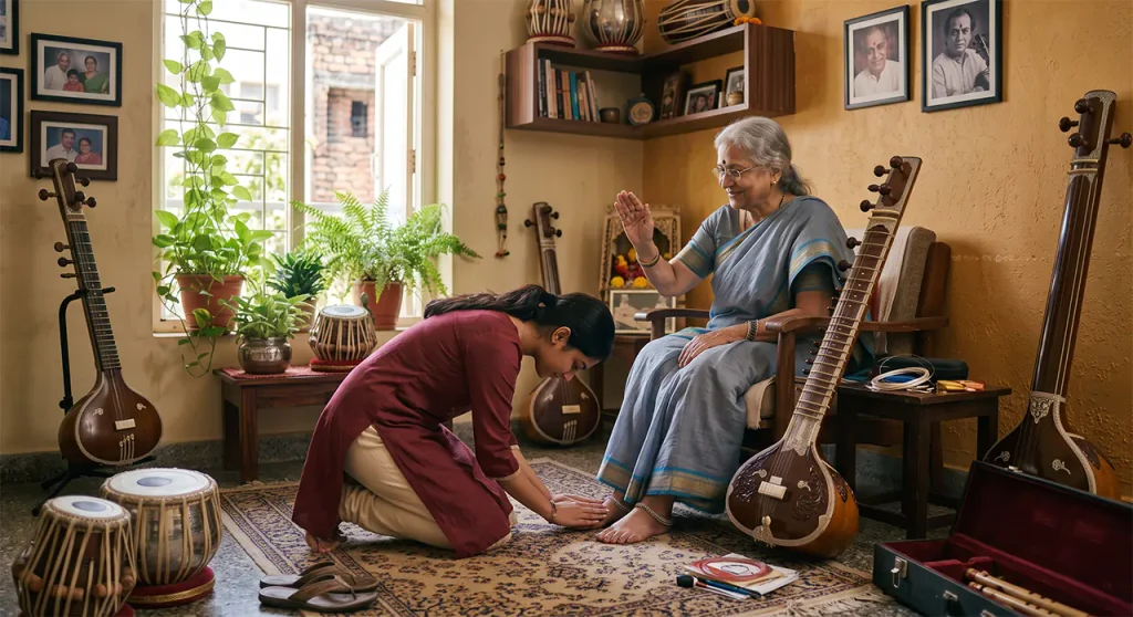 A music student in traditional dress touching the feet of their elder guru before a lesson.