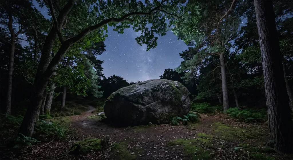 A massive stone resting in a dark forest at night representing Tamas guna as stability, inertia, and deep rest.