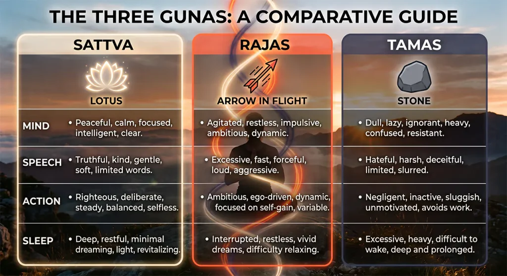 Infographic table comparing the three gunas Sattva, Rajas, and Tamas across mind, speech, and actions.