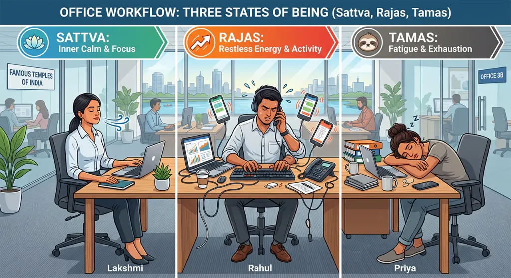 Visual comparison of how Sattva, Rajas, and Tamas manifest during work and stress in daily life.