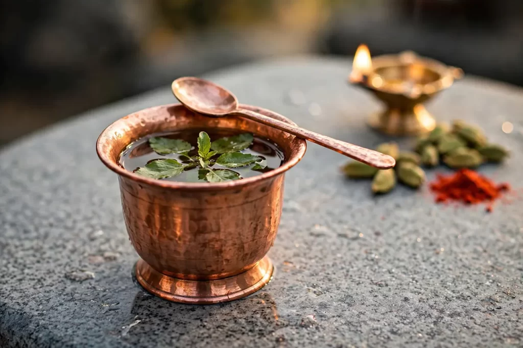Clean, polished copper Panchapatra vessel and Uddharini spoon sitting on a temple altar.