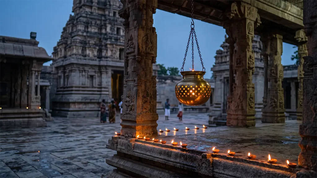 A glowing brass Akasa Deepam lantern suspended high on a wooden pillar against a twilight sky in a traditional stone temple courtyard