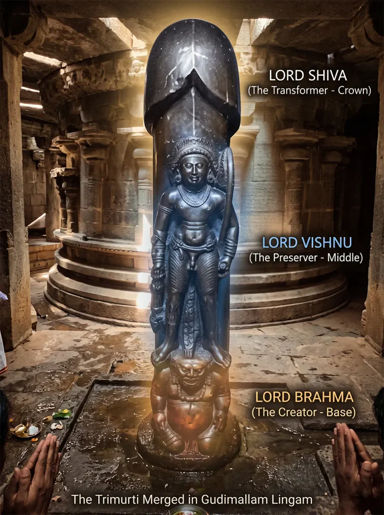 Front view of the ancient Gudimallam Lingam inside its stone sanctum, with overlays highlighting how devotees perceive the Trimurti (Brahma at the crouching base, Vishnu as the standing deity, and Shiva as the overarching shaft) being worshipped in one form, with hands of devotees praying in the foreground.