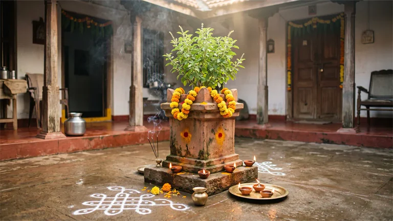 Lit clay oil lamps glowing beside a decorated terracotta Tulasi planter at dawn during Karthika Masam