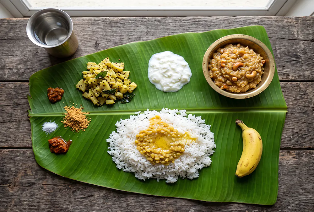 A traditional Indian vegetarian meal served on a green banana leaf featuring steamed rice, yellow moong dal, ghee, curd, seasonal vegetables, and fresh fruit