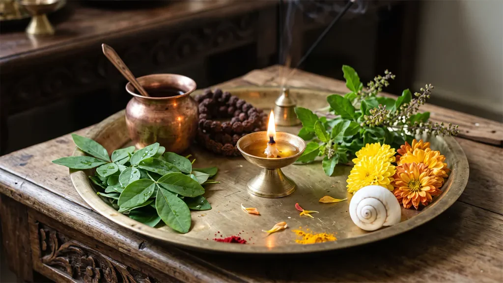 A brass ritual tray holding fresh three-leaved Bilva leaves, sacred Tulasi leaves, white jasmine flowers, and a lit brass oil lamp