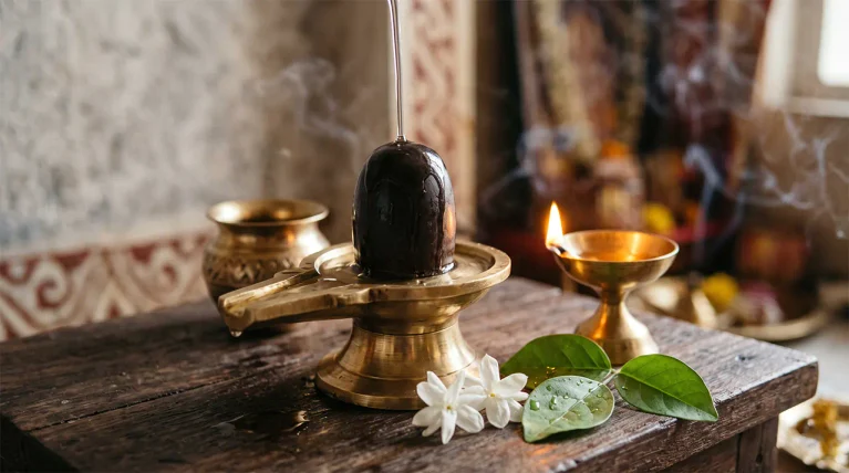A small black stone Shiva Lingam on a brass tray with clear water pouring over it beside a glowing oil lamp and white flowers.