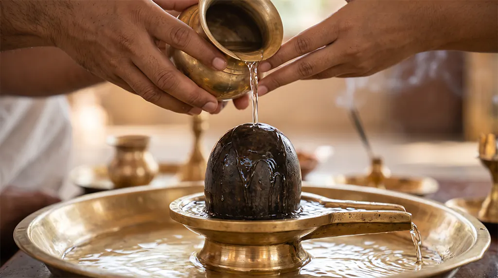 Hands gently pouring a steady stream of clear water from a brass pot onto a small black Shiva Lingam.