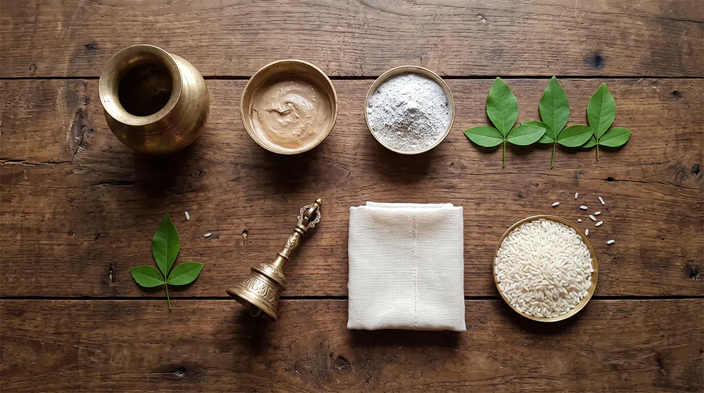Neatly arranged traditional Shiva puja items including a brass water pot, sandalwood paste, Vibhuti ash, and Bel Patra leaves on a wooden table.