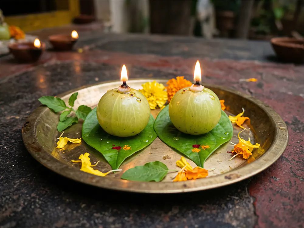Two fresh green Amla (Indian gooseberry) fruits resting on betel leaves with tiny lit ghee cotton wicks glowing on top